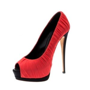 GIUSEPPE ZANOTTI watermelon Red Pleated Fabric Peep Toe Platform Pumps Heels 7